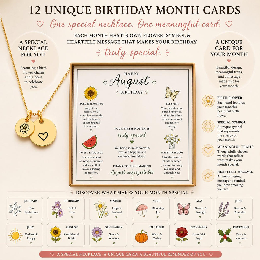 Birth Flower Necklace with Personalized Birthday Month Card | January–December Gift | Birth Month Necklace for Her | Custom Birthday Gift