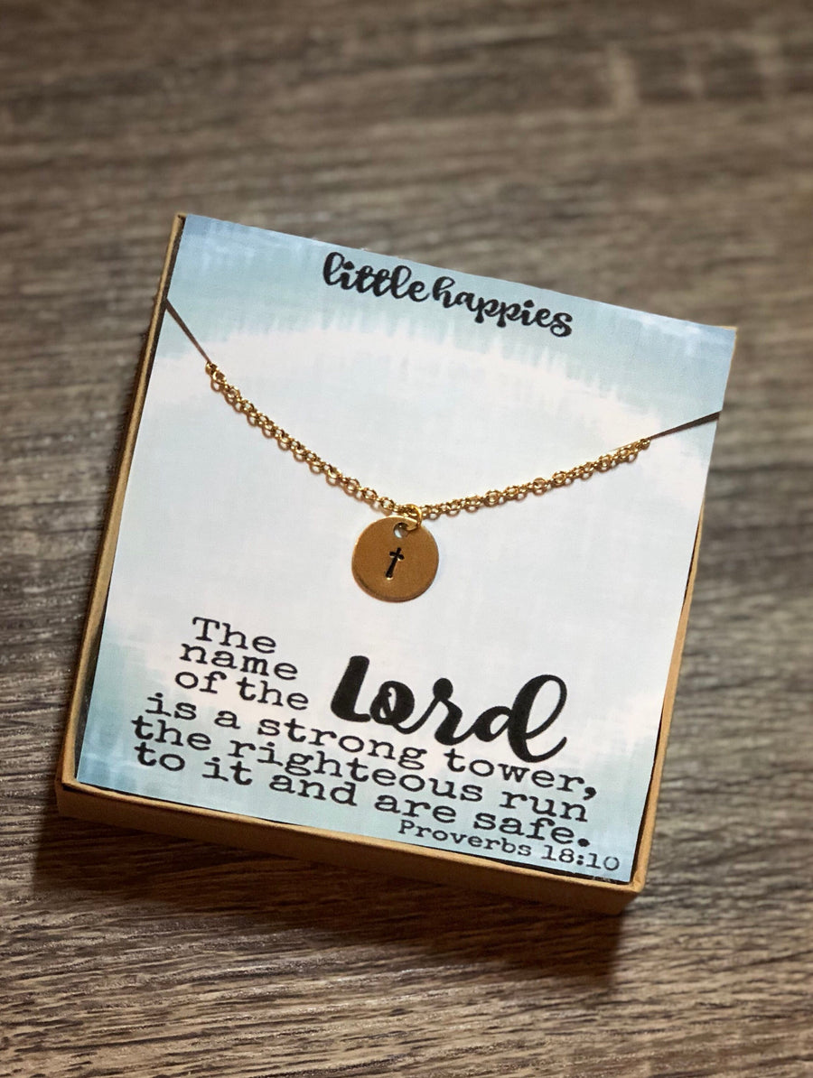 Proverbs 18:10 Cross Necklace, Gift for her, inspirational gift, sympathy gift, Christian gift, bible verse, personalized card