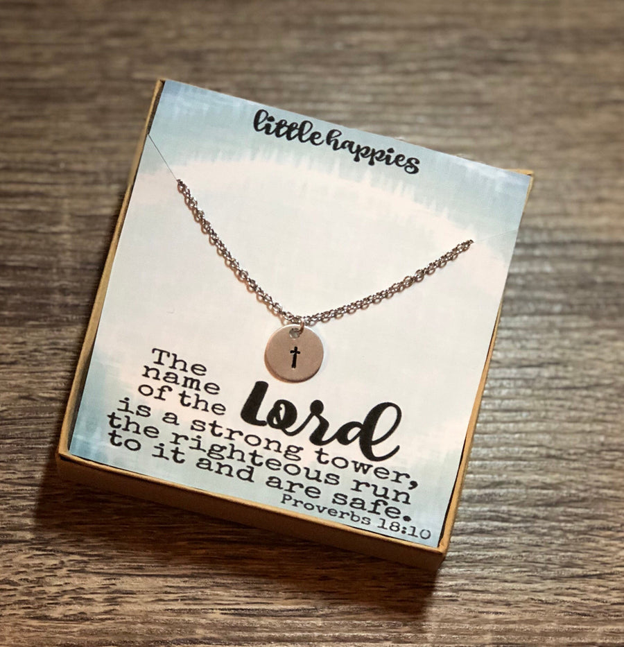 Proverbs 18:10 Cross Necklace, Gift for her, inspirational gift, sympathy gift, Christian gift, bible verse, personalized card