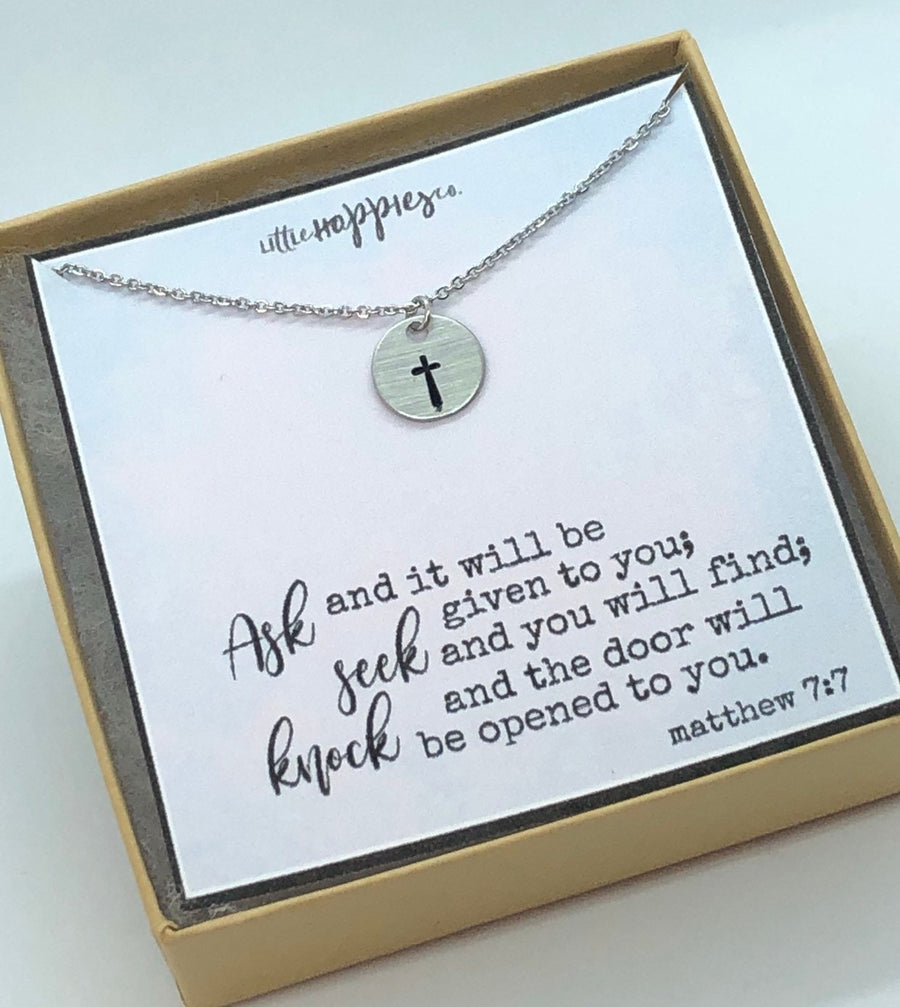 Cross Necklace, infertility, miscarriage necklace, gift for her, grief necklace, encouragment necklace, christian jewelry, Matthew 7:7