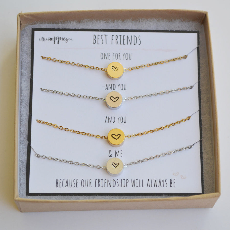 4 friends necklace set- Set of 4 necklaces, Gift Set, Friendship necklaces, Matching necklaces, 4 BFF necklaces, 4 BFF gifts, heart necklace