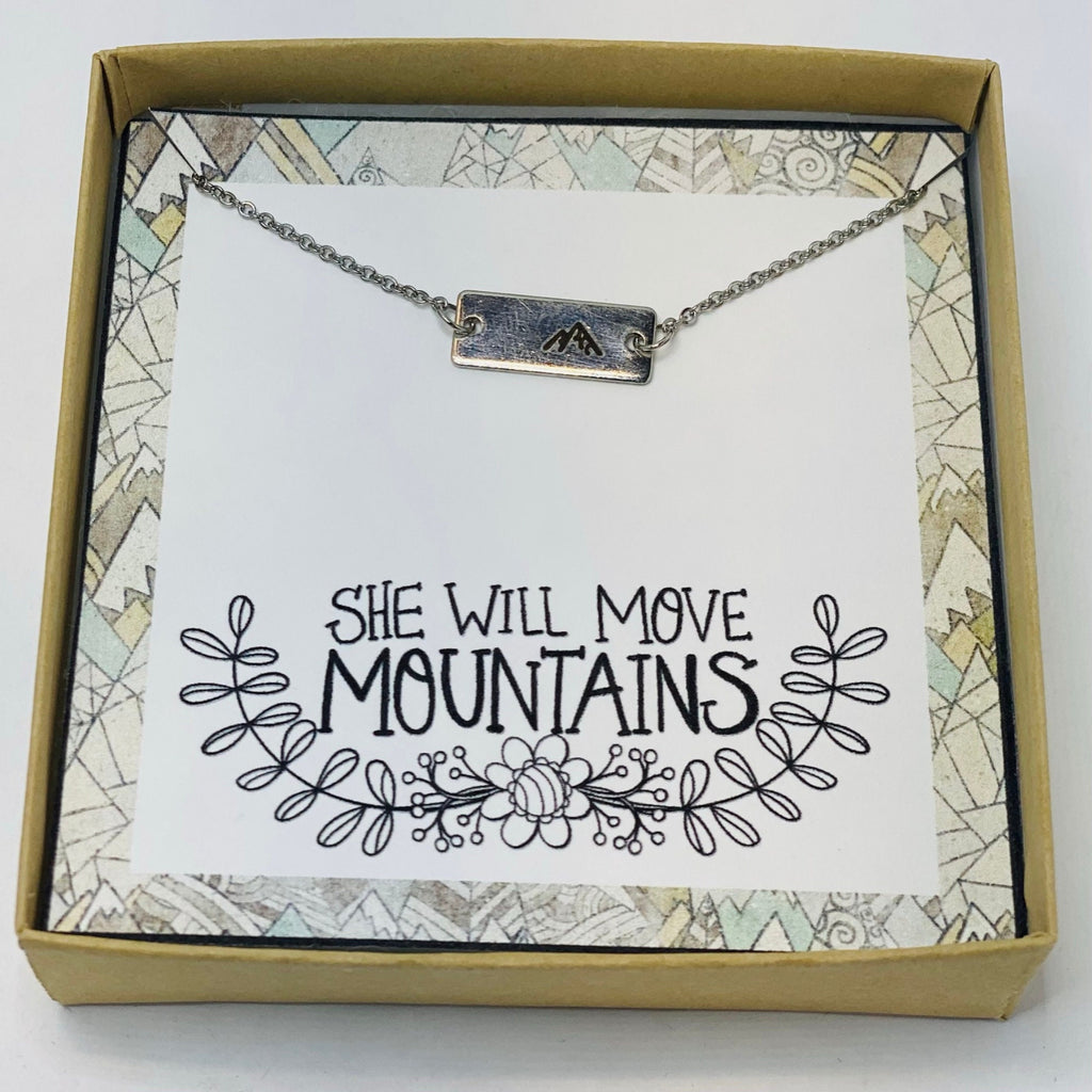 She will move mountains necklace, Team gift, Encouragement jewelry, Mountain jewelry, Inspirational gift, Graduation gifts, Positive quotes