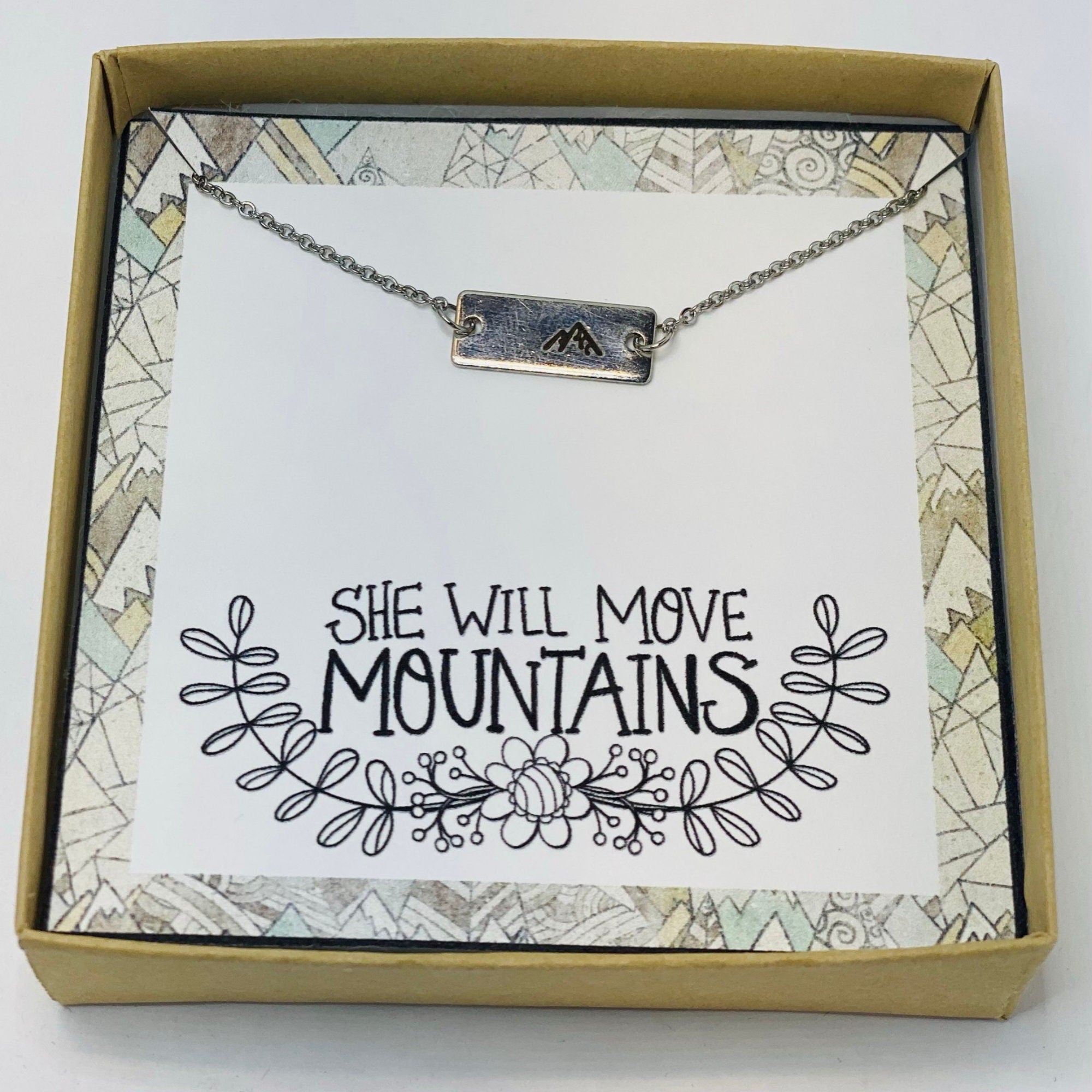 She will move mountains necklace, Team gift, Encouragement jewelry, Mountain jewelry, Inspirational gift, Graduation gifts, Positive quotes