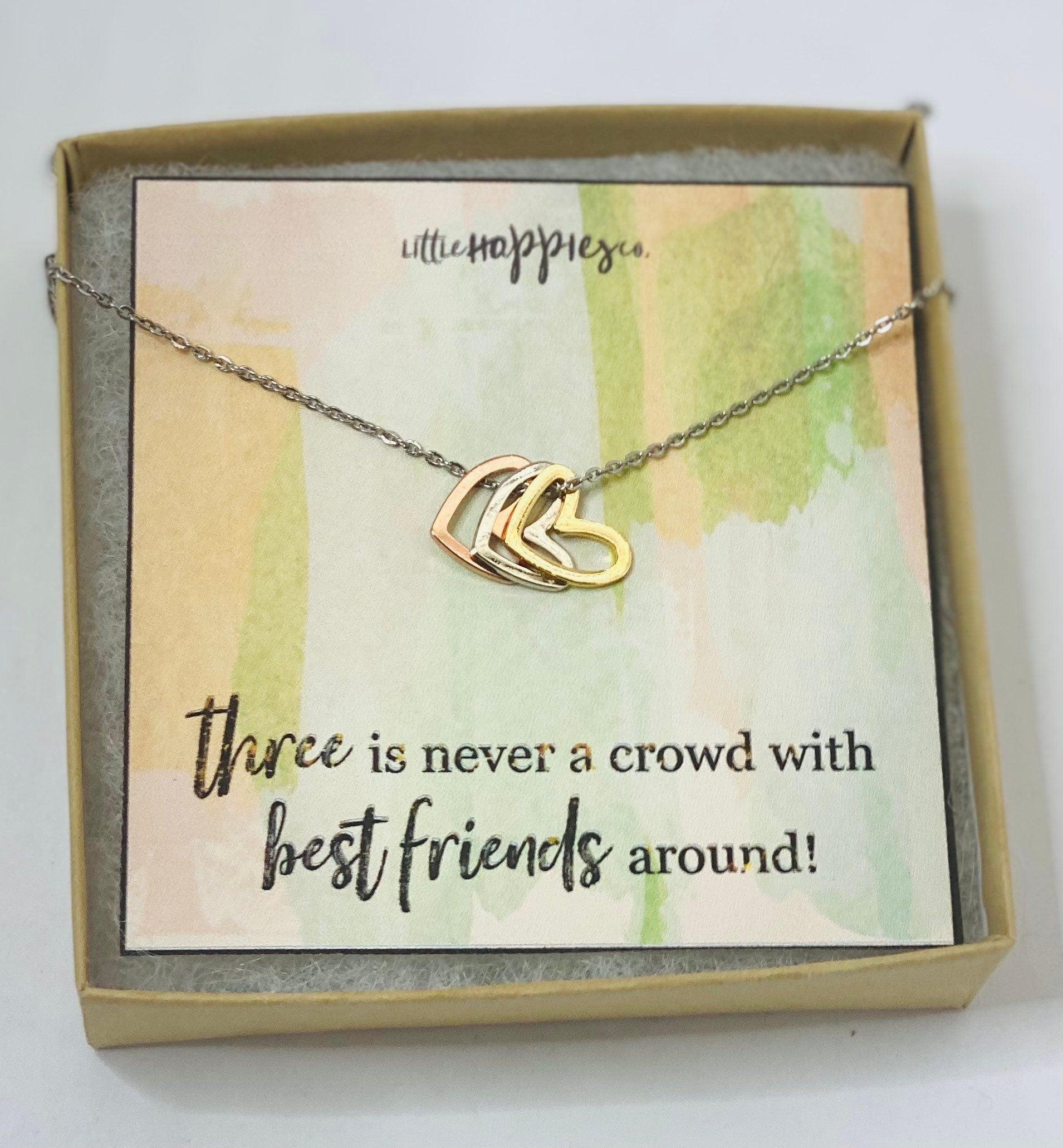 Friendship necklace, trio, bestfriend gift, dainty triple heart, friend group of 3, three best friends, best friend birthday