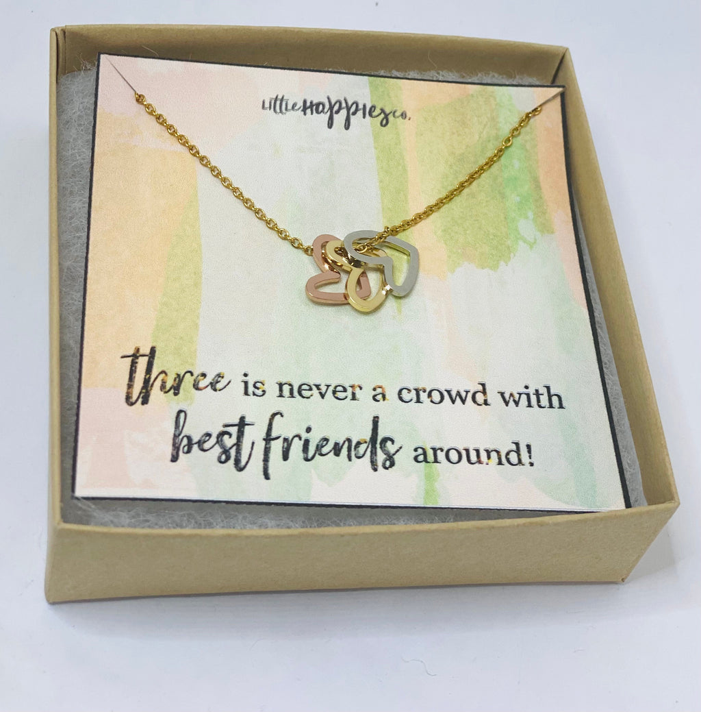 Friendship necklace, trio, bestfriend gift, dainty triple heart, friend group of 3, three best friends, best friend birthday
