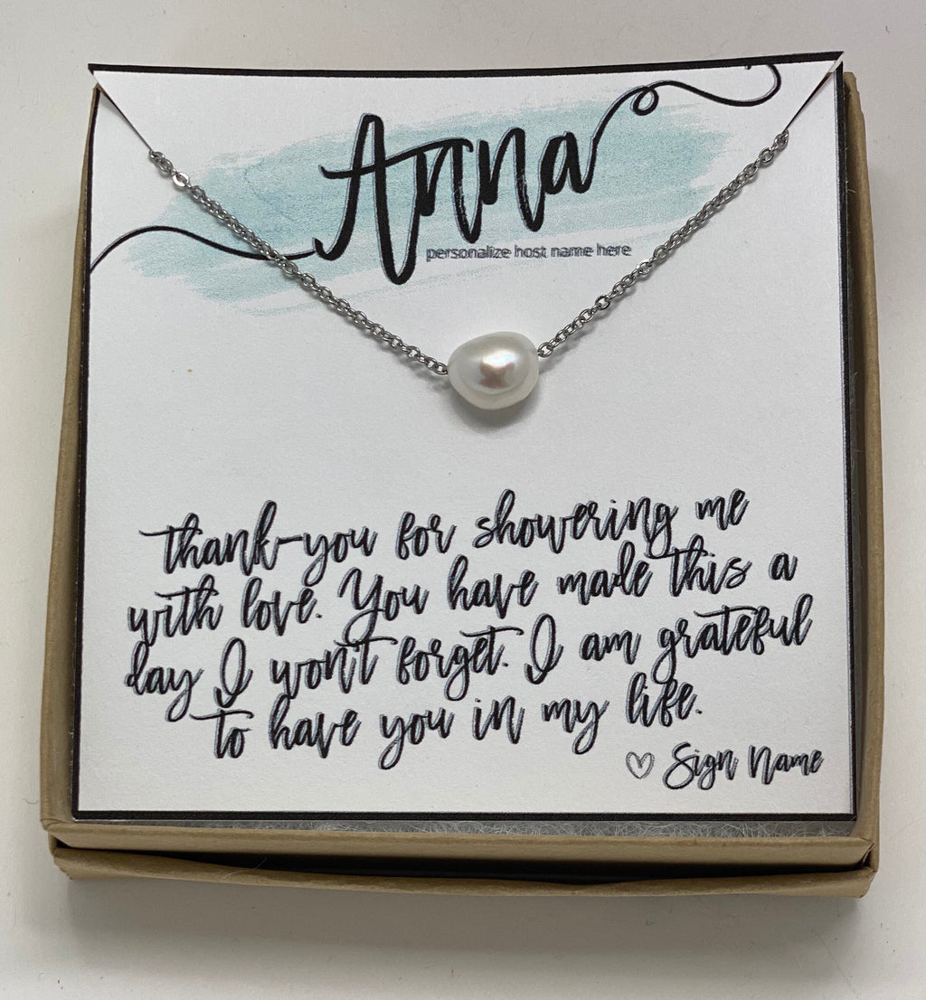 Baby shower hostess gift, baby boy shower hostess thank you gift, baby girl shower host gifts, dainty pearl necklace